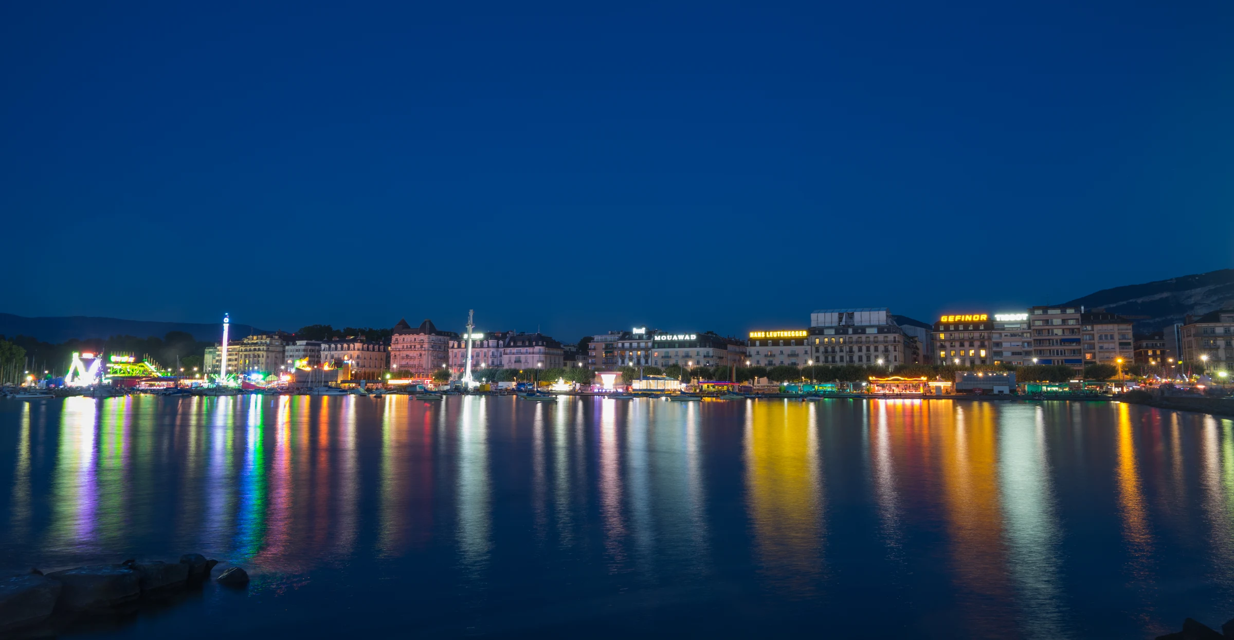 Geneva waterfront and Lake Geneva at blue hour